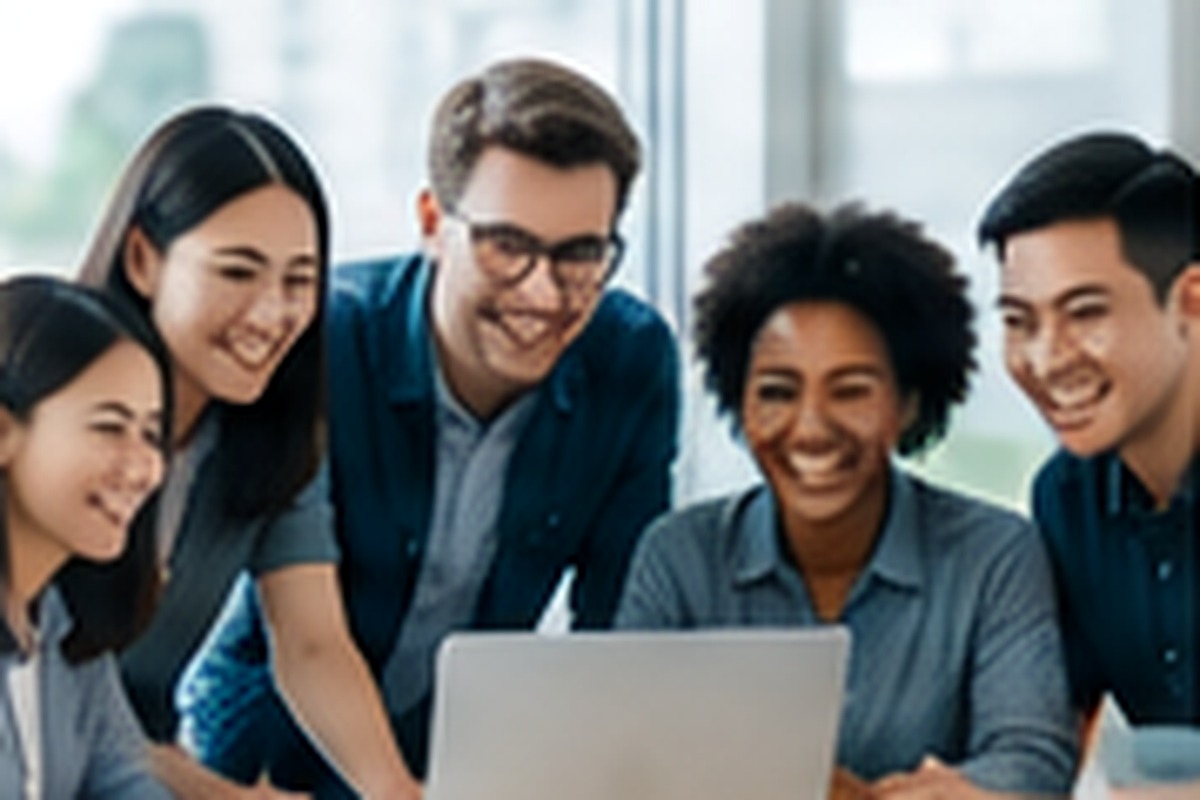 A diverse group collaborating around a laptop